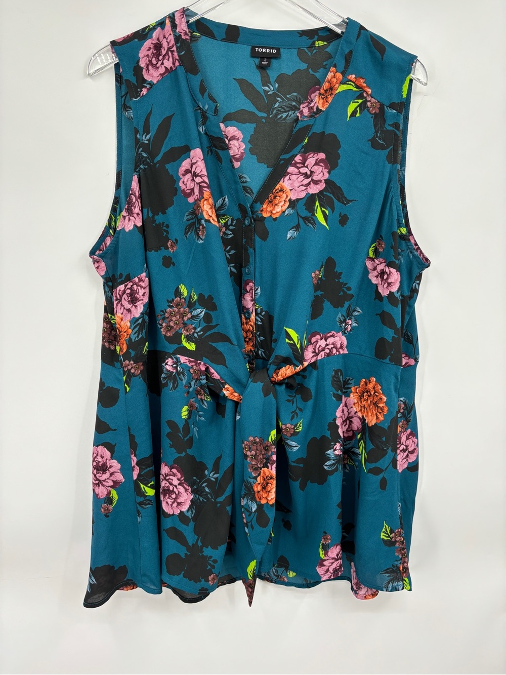 Torrid Teal Floral Tie-Front Sleeveless Top - Picture 2 of 13